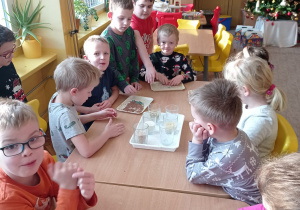 Dzieci z grupy VI oglądają przy stole różne kasze