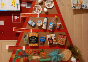 Piramida zdrowego żywienia wykonana z surowców wtórnych przez dzieci