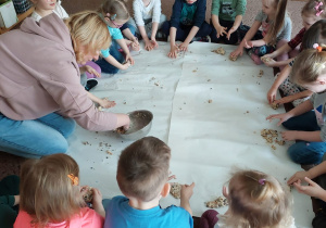 Dzieci z grupy III na dywanie podczas zabawy z ziarnami zbóż
