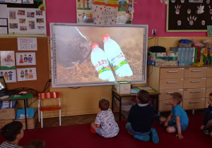 dzieci z grupy V oglądają film edukacyjny "Skąd się bierze mleko"