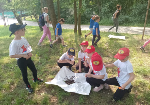 Drużyna dzieci przy ułożonym zwierzątku z materiałów przyrodniczych