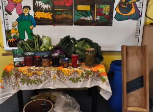 Dekoracja i stół z przetworami oraz narzędziami do kiszenia kapusty