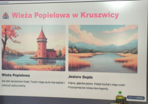 Na tablicy slajd z wieżą Popielową w Kruszwicy