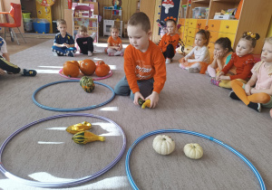 Chłopiec segreguje dynie do obręczy