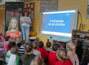 Dzieci siedzą przed prowadzącą zajęcia i tablicą multimedialna